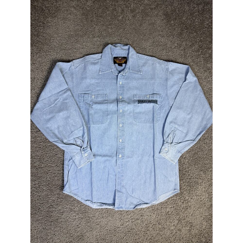 Vintage 90s Harley Davidson Shirt Mens L Blue Denim Long Sleeve Button Up